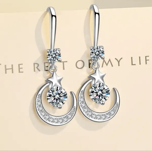 STERLING SILVER PLATED MOON AND STAR GEMSTONE EARRINGS - Picture 1 of 2